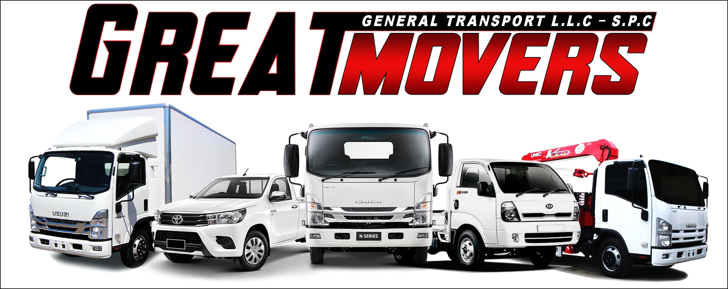 Fleet of pickup trucks and commercial vehicles from Great Movers General Transport L.L.C – S.P.C, offering rental services across Abu Dhabi and UAE